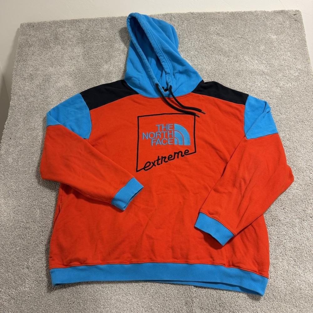 The North Face Extreme Hoodie Men Sz XXL Red Blue Colorblock Pullover Sweatshirt